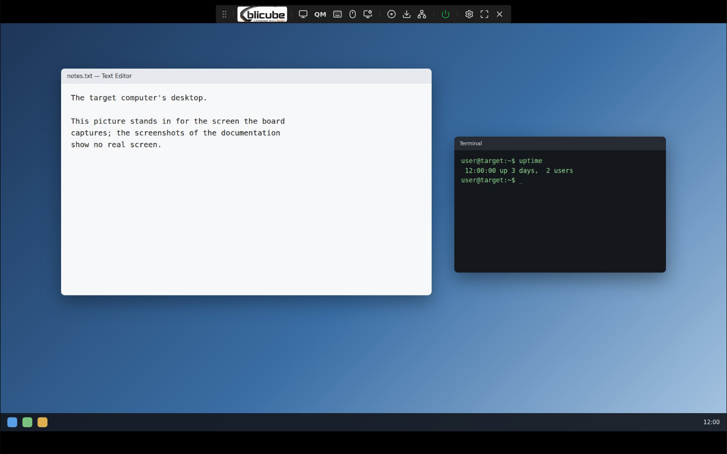 Hardened BliKVM web interface: the remote computer's desktop under the toolbar in a browser